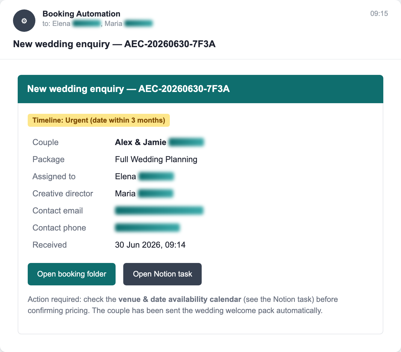 Internal alert email sent to the creative director and planner with booking details