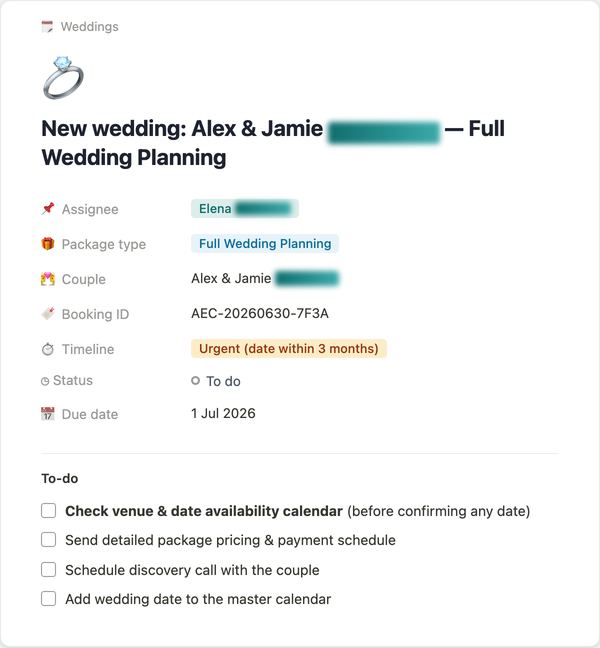 Planner task card with booking properties and a ready-made checklist