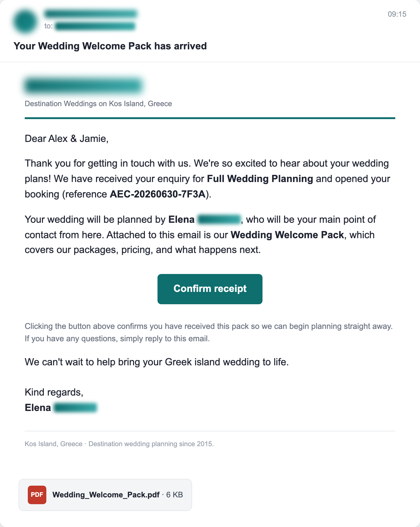 Welcome email received by the couple, with the wedding welcome pack attached