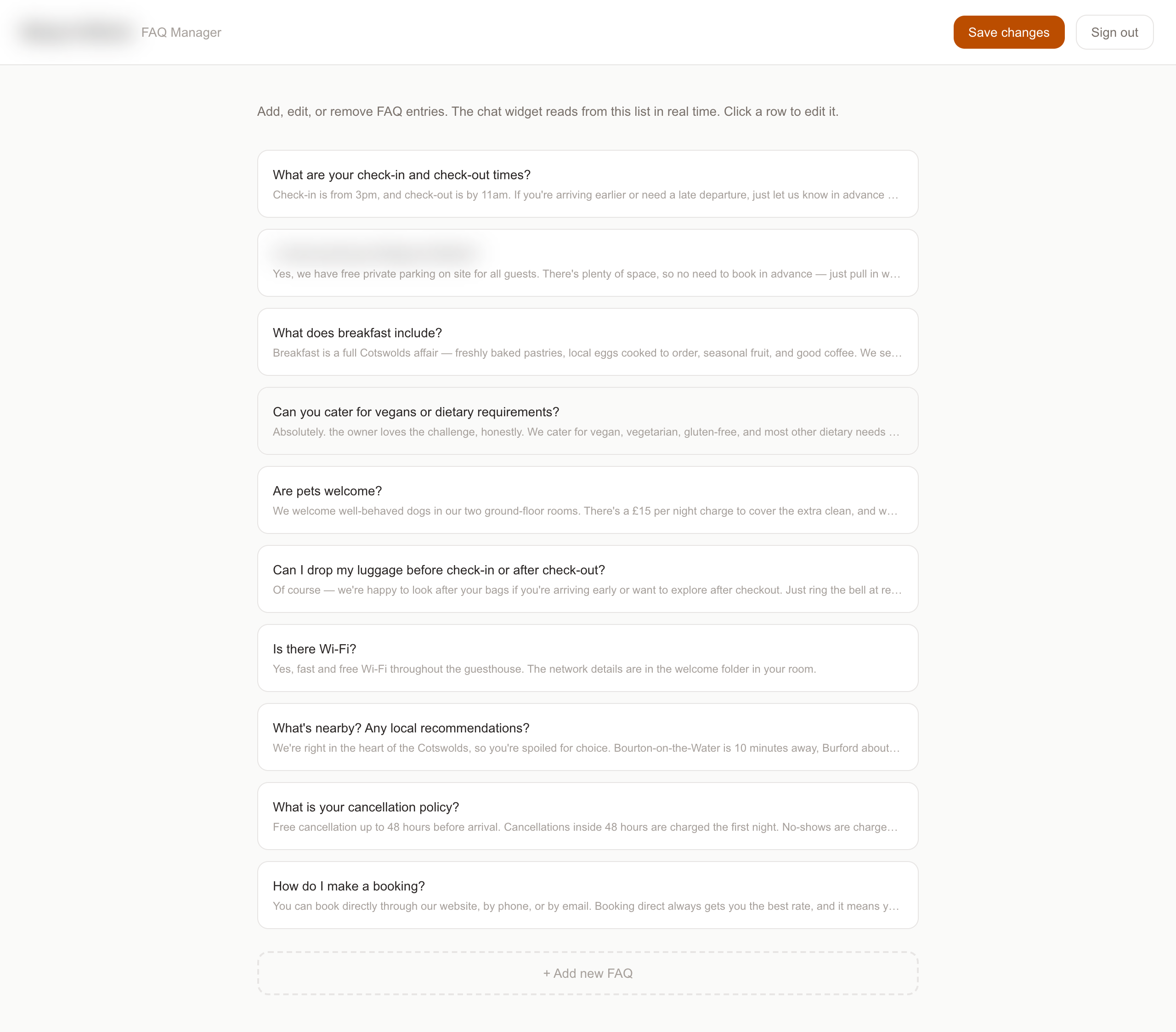 The owner-facing FAQ admin panel