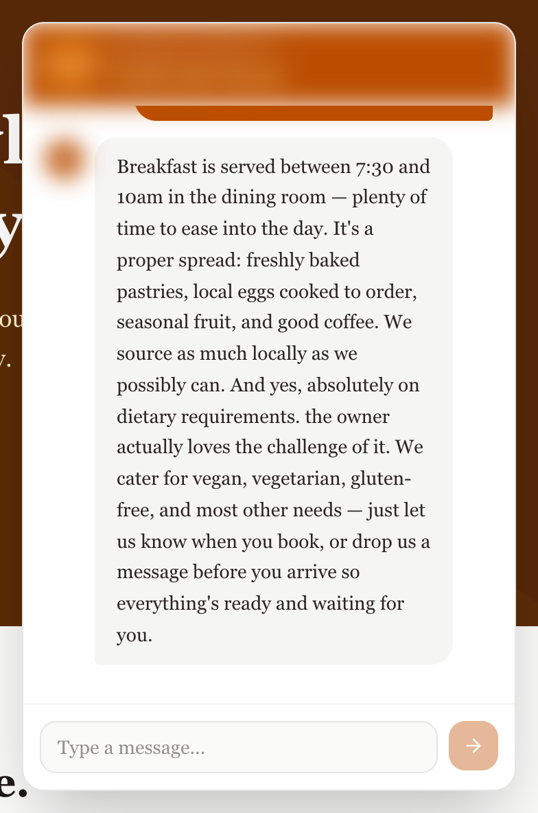 Guest asking about breakfast times and dietary options