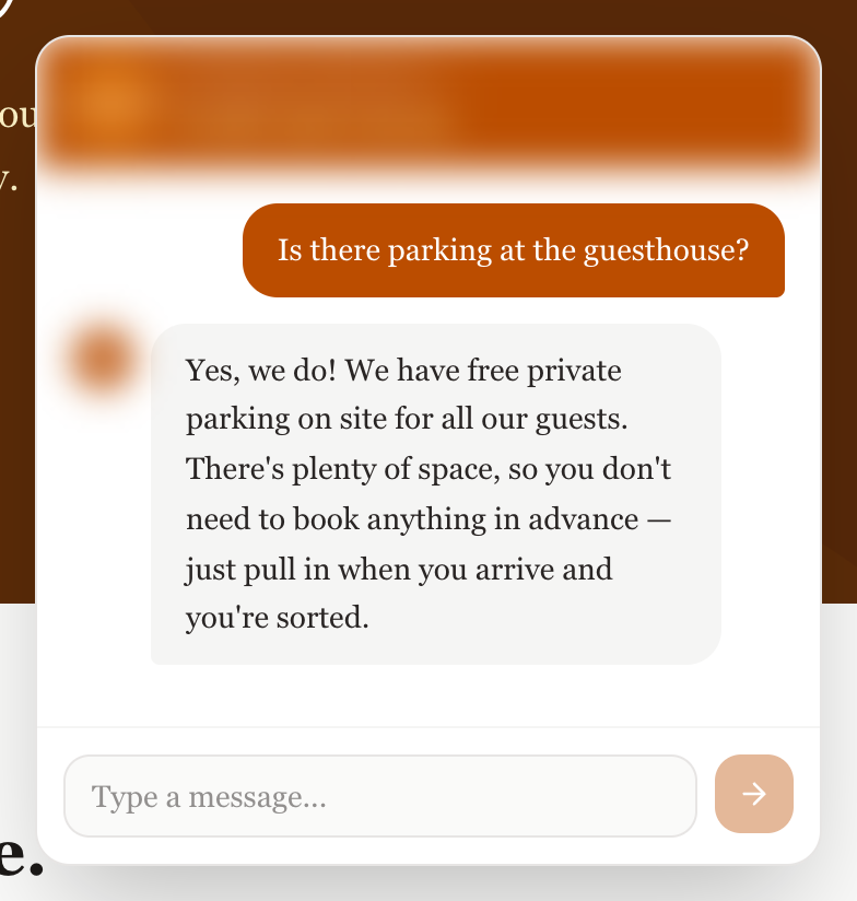 Guest asking about parking — answered in under 2 seconds